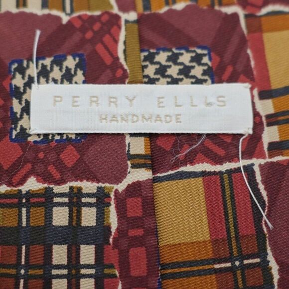 Perry Ellis Handmade Red Yellow Patchwork‎ Plaid Wide Print Silk Tie - Picture 3 of 8